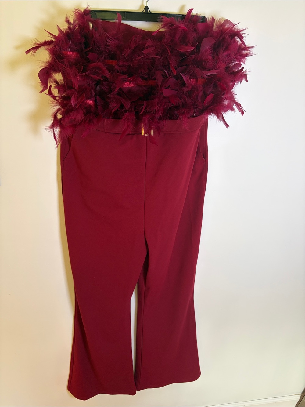 JUMPSUIT Women's Feather Trim Maroon Jumpsuit